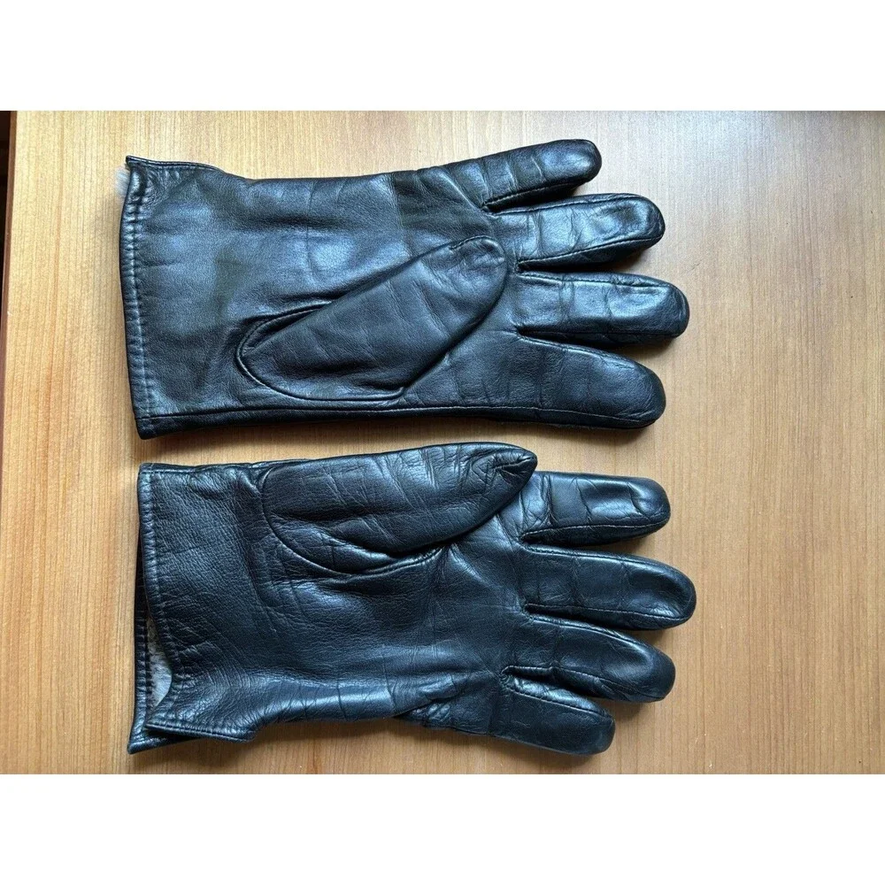 Leather Gloves Black Rabbit Fur Lined Women Large *Read